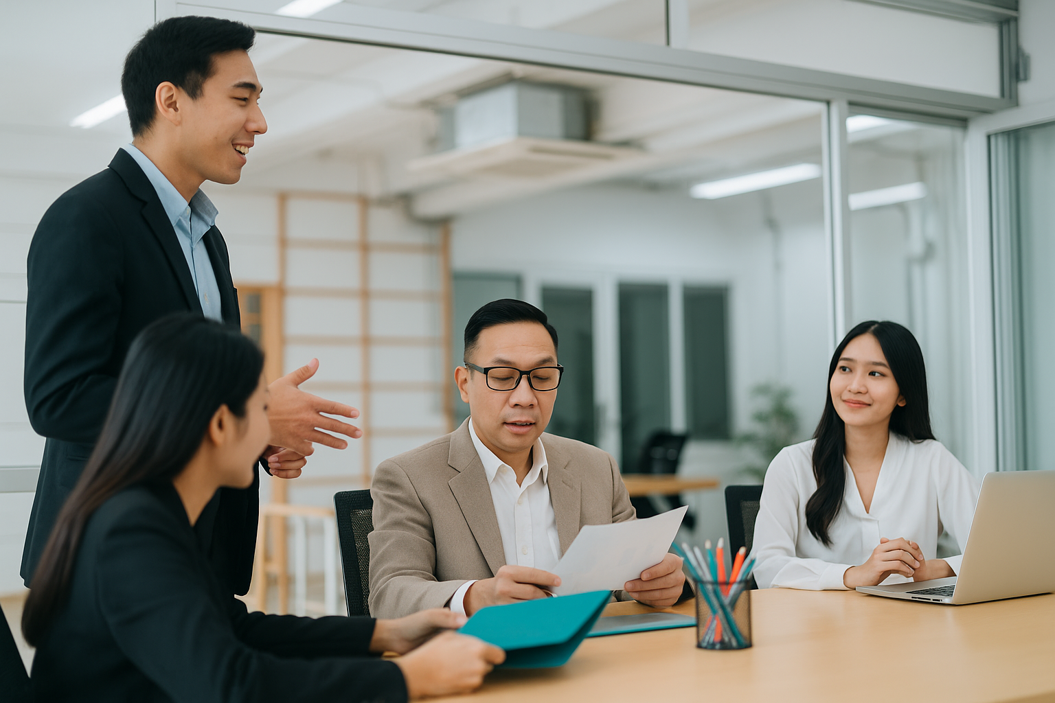 Four Asian professionals having a meeting in a modern glass-walled office; one man is standing and presenting, while others are seated and reviewing documents and a laptop.